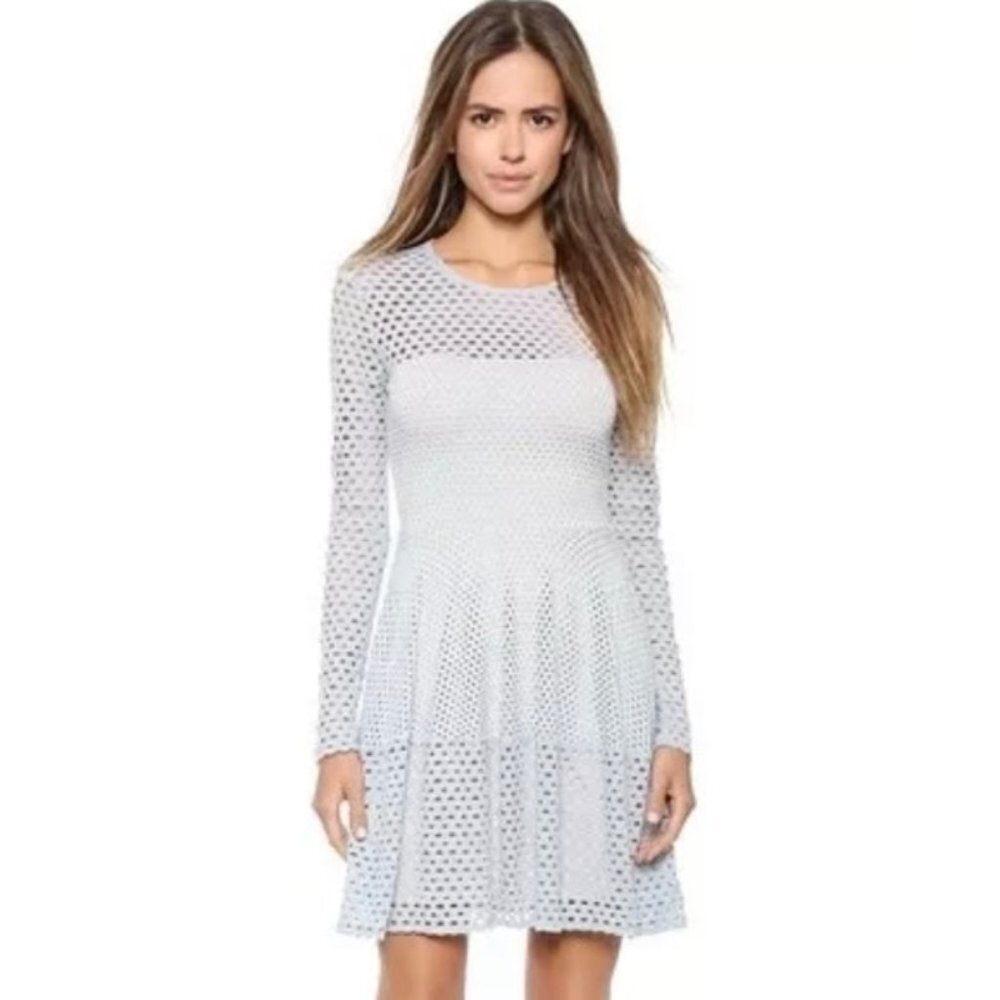 BCBGMAXAZRIA Kyla Haze Fit and Flare Eyelet Long Sleeve Dress Women's MEDIUM EUC